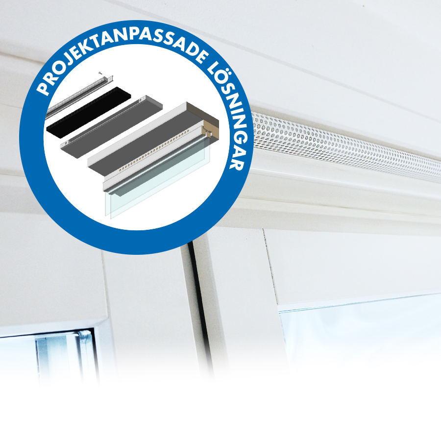 Närbild på en monterad ventilationsprofil i karmen på ett fönster. Med en blå ruta som visar illustration av de ingående delarna och texten projektanpassade lösningar